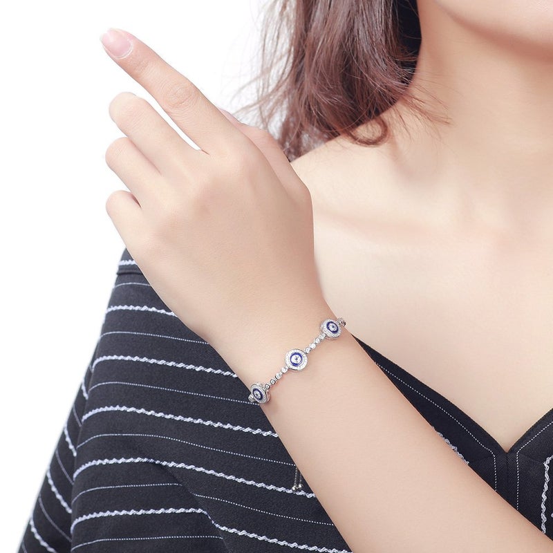 Kaletine Blue Evil Eyes Tennis Bracelet Nazar Amulet Sterling Silver Cubic Zirconia Chain Length Adjustable 4"-10" (Rhodium) - Image 2